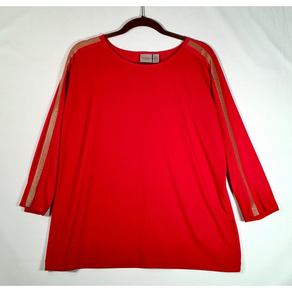 Easy Wear Chicos Womens Medium Round Neck Red Polyester 3/4 Sleeves Top Blouse